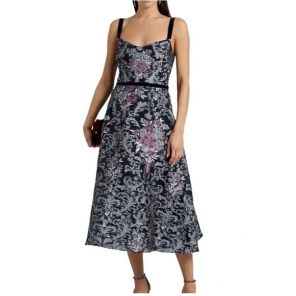 Marchesa Black Metallic Floral Fit and Flare Cocktail Midi Dress | 10 - Picture 2 of 11